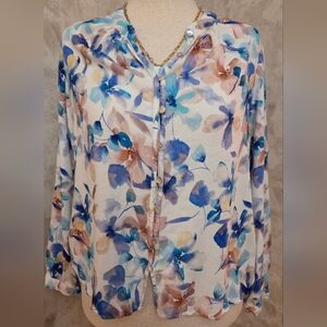 Bella Dahl Floral Button Front Blouse Blue Peach Sheer Rayon Top M